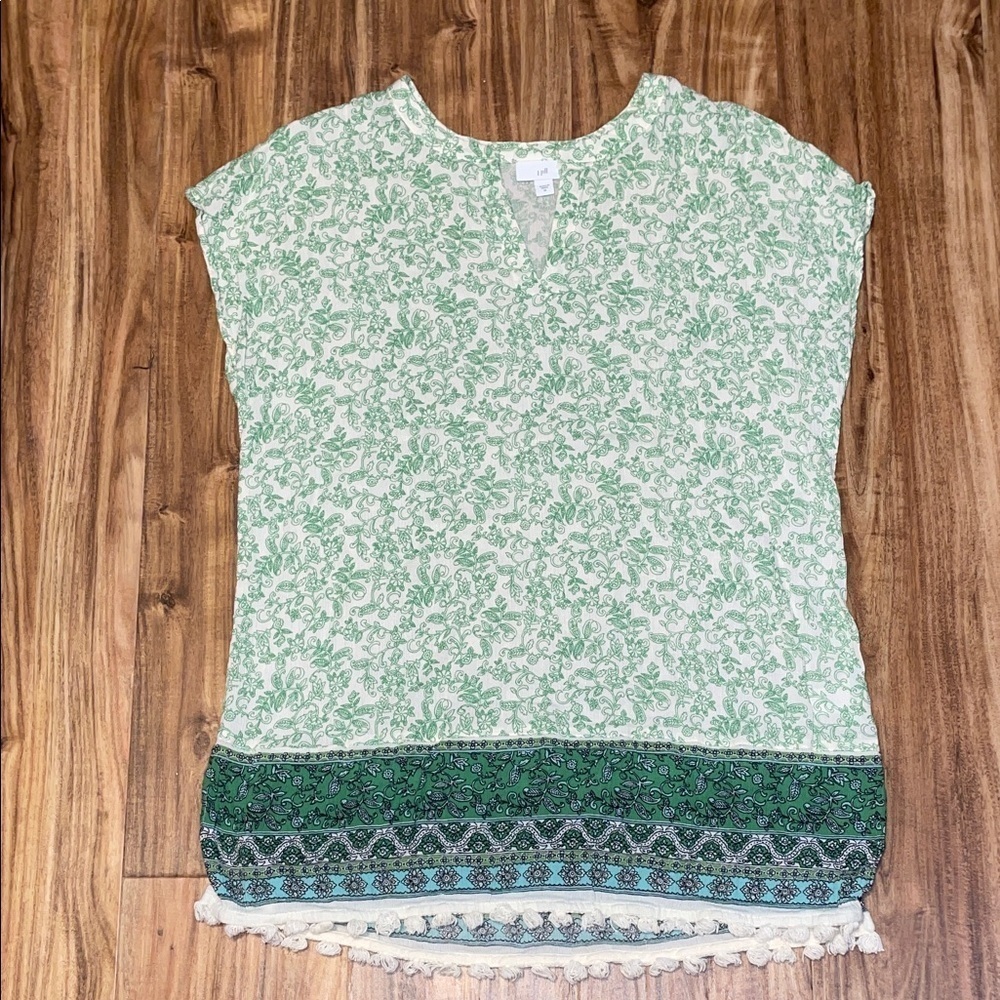 J Jill womens medium 10 12 top tunic Green White Floral pattern split neck boho